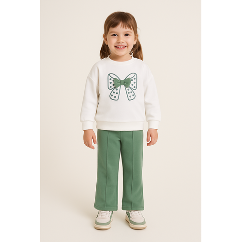 Kız Çocuk Fiyonk Baskılı Takım - Krem-Yeşil - (98/122)