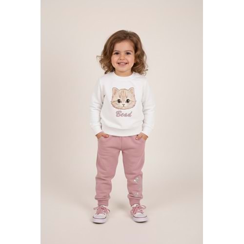 Kız Çocuk Kedi Baskılı Takım - Krem - (86/110)