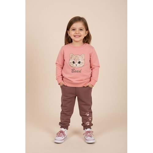 Kız Çocuk Kedi Baskılı Takım - Gül Kurusu - (86/110)