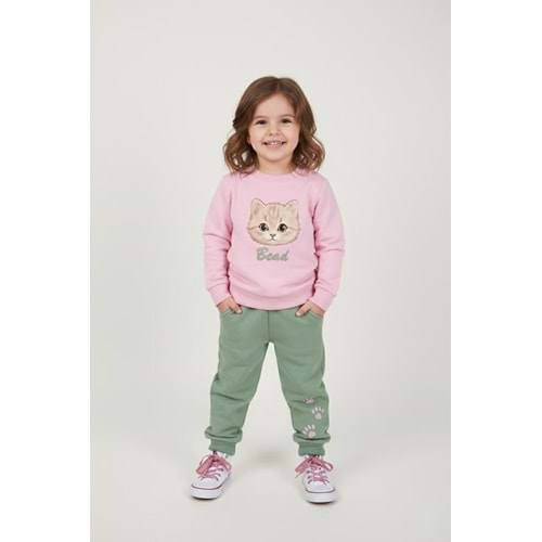Kız Çocuk Kedi Baskılı Takım - Bebe Pembe - (86/110)