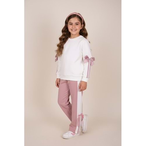 Kız Çocuk Fiyonk Detaylı Takım - Krem-Lila - (116/140)