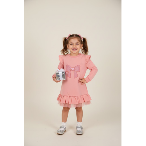 Kız Çocuk Fiyonk Baskılı Elbise - Gül Kurusu - (74/98)