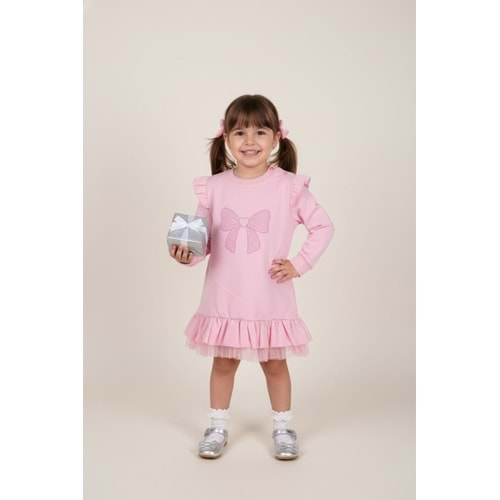 Kız Çocuk Fiyonk Baskılı Elbise - Bebe Pembe - (74/98)