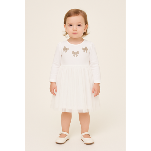 Kız Çocuk Fiyonk Detaylı Elbise - Krem - (86/110)