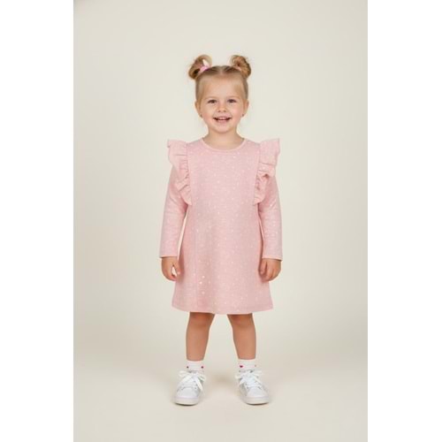 Kız Çocuk Omuz Fırfırlı Elbise - Kedi Kafa Pembe Melanj - (92/116)