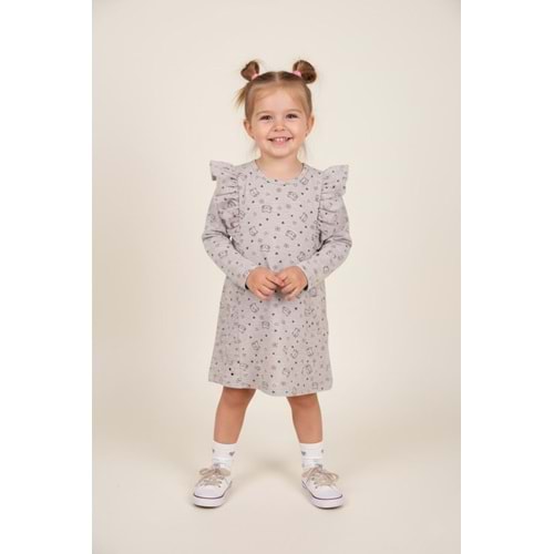 Kız Çocuk Omuz Fırfırlı Elbise - Kahve Melanj - (92/116)
