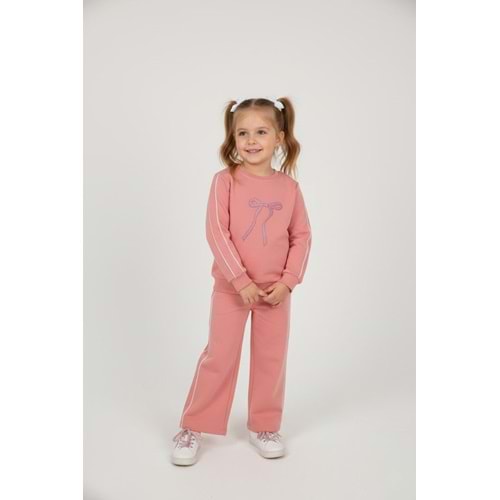 Kız Çocuk Fiyonk Baskılı Takım - Gül Kurusu - (98/122)