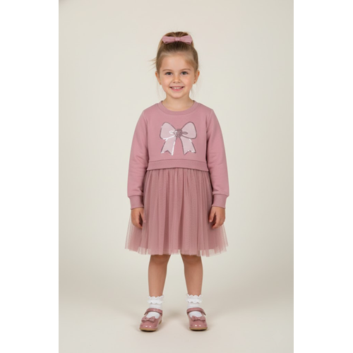 Kız Çocuk Fiyonk Nakışlı Elbise - Lila - (98/122)