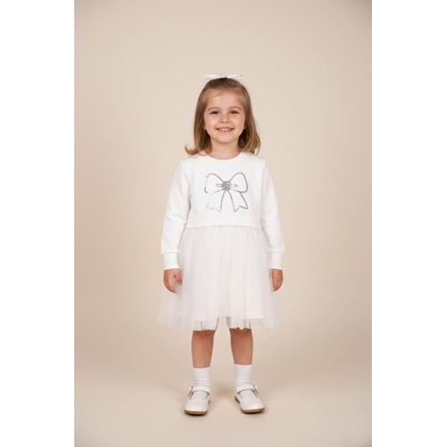 Kız Çocuk Fiyonk Nakışlı Elbise - Krem - (98/122)