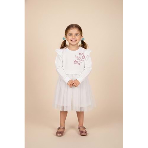 Kız Çocuk Çiçek Baskılı Elbise - Krem - (98/122)