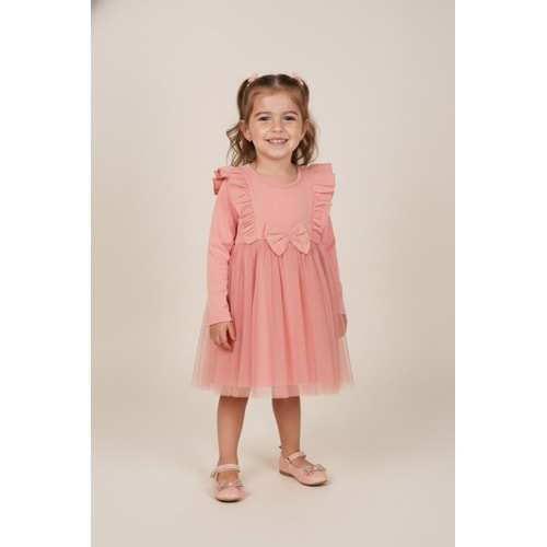 Kız Çocuk Fiyonk Detaylı Elbise - Gül Kurusu - (86/110)