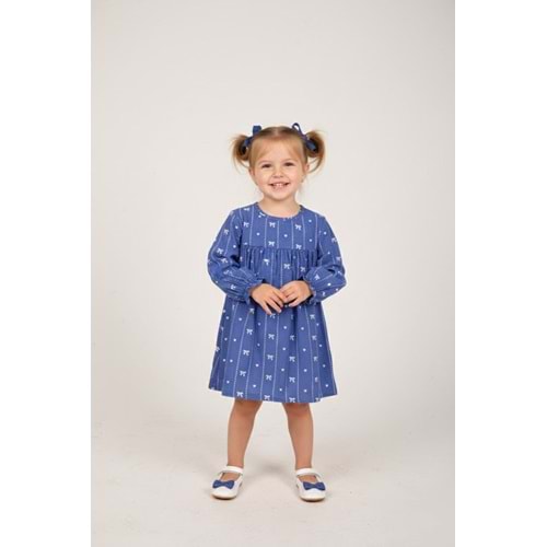 Kız Çocuk Fiyonk Baskılı Elbise - Kot Rengi - (92/116)