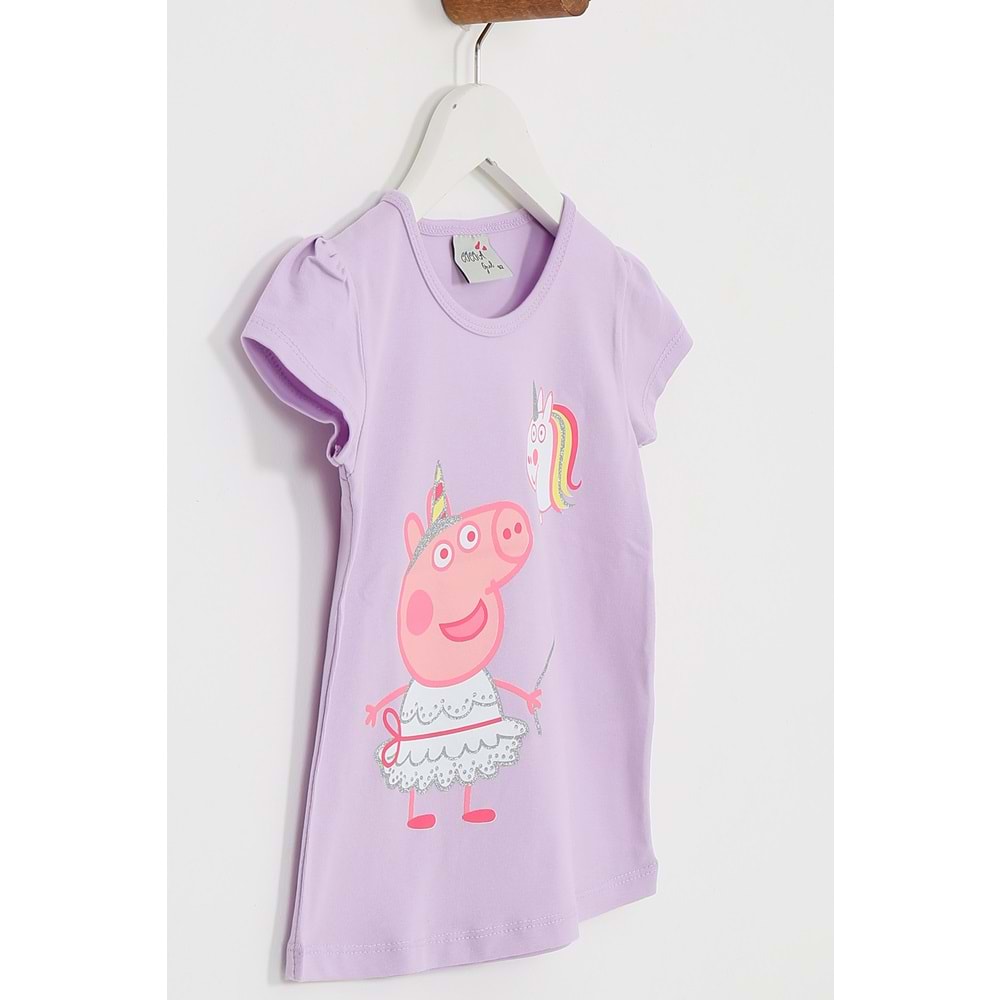 Kız Çocuk Tişört Domuz Baskılı - Lila (92/116)