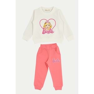 Kız Çocuk Sweat Takım Kalpli Barbie Baskılı - Krem - 92/116