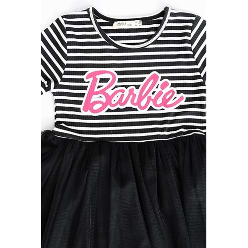 Kız Çocuk Elbise Çizgili Barbie Baskılı - Lacivert (104/134)