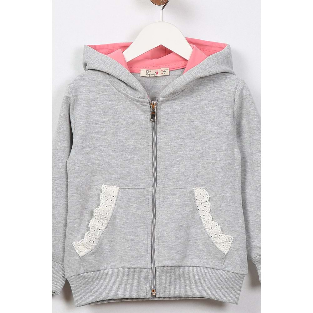 Kız Çocuk Hırka Dantelli Cep - Gri (98/122)