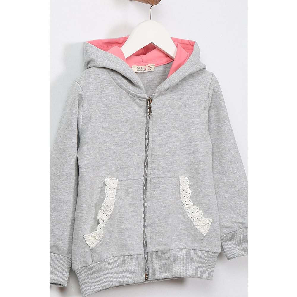 Kız Çocuk Hırka Dantelli Cep - Gri (98/122)