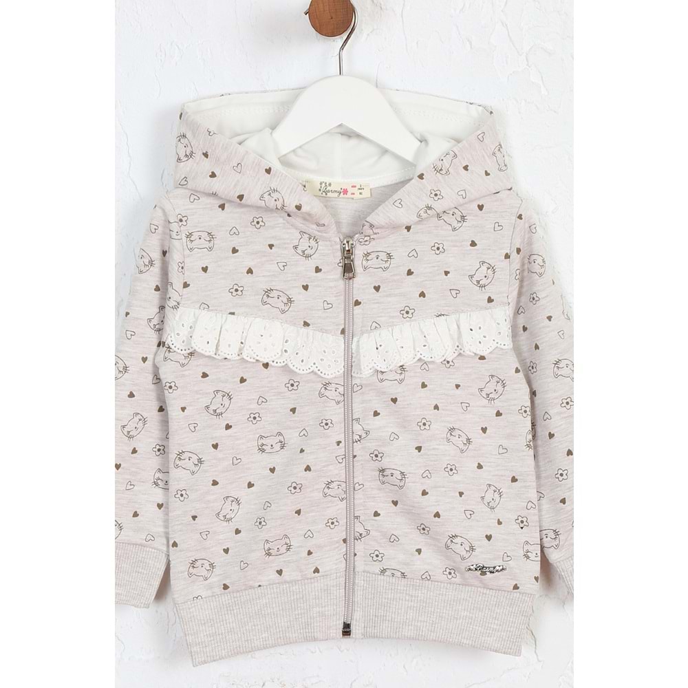 Kız Çocuk Hırka Kedi Desen - Kahve Melanj (92/116)