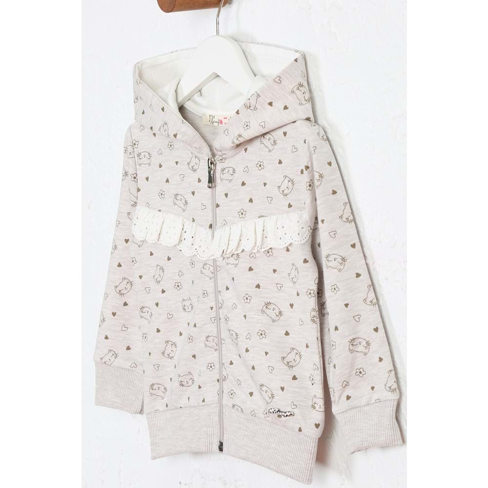 Kız Çocuk Hırka Kedi Desen - Kahve Melanj (92/116)