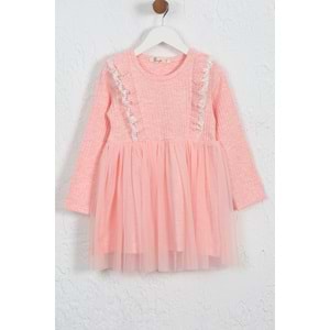 Kız Çocuk Elbise Çift Fırfırlı - Pembe Melanj (98/122)