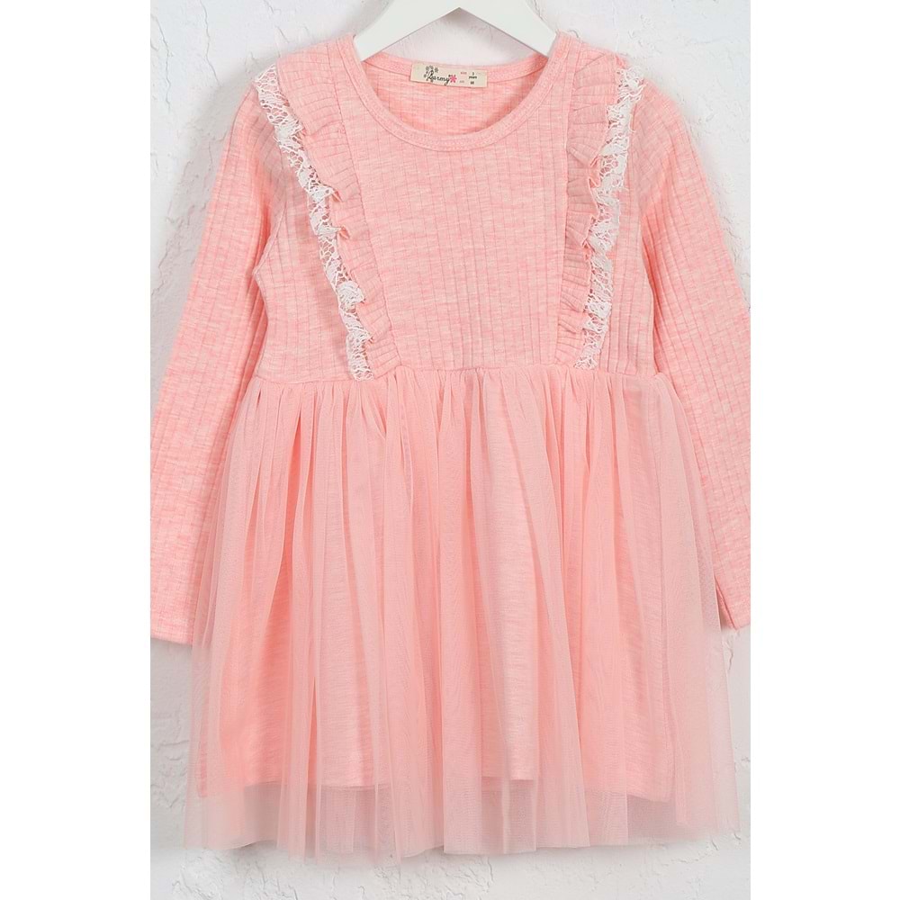 Kız Çocuk Elbise Çift Fırfırlı - Pembe Melanj (98/122)