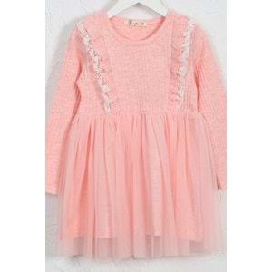 Kız Çocuk Elbise Çift Fırfırlı - Pembe Melanj (98/122)
