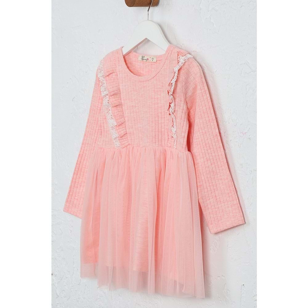 Kız Çocuk Elbise Çift Fırfırlı - Pembe Melanj (98/122)