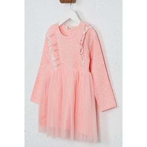 Kız Çocuk Elbise Çift Fırfırlı - Pembe Melanj (98/122)