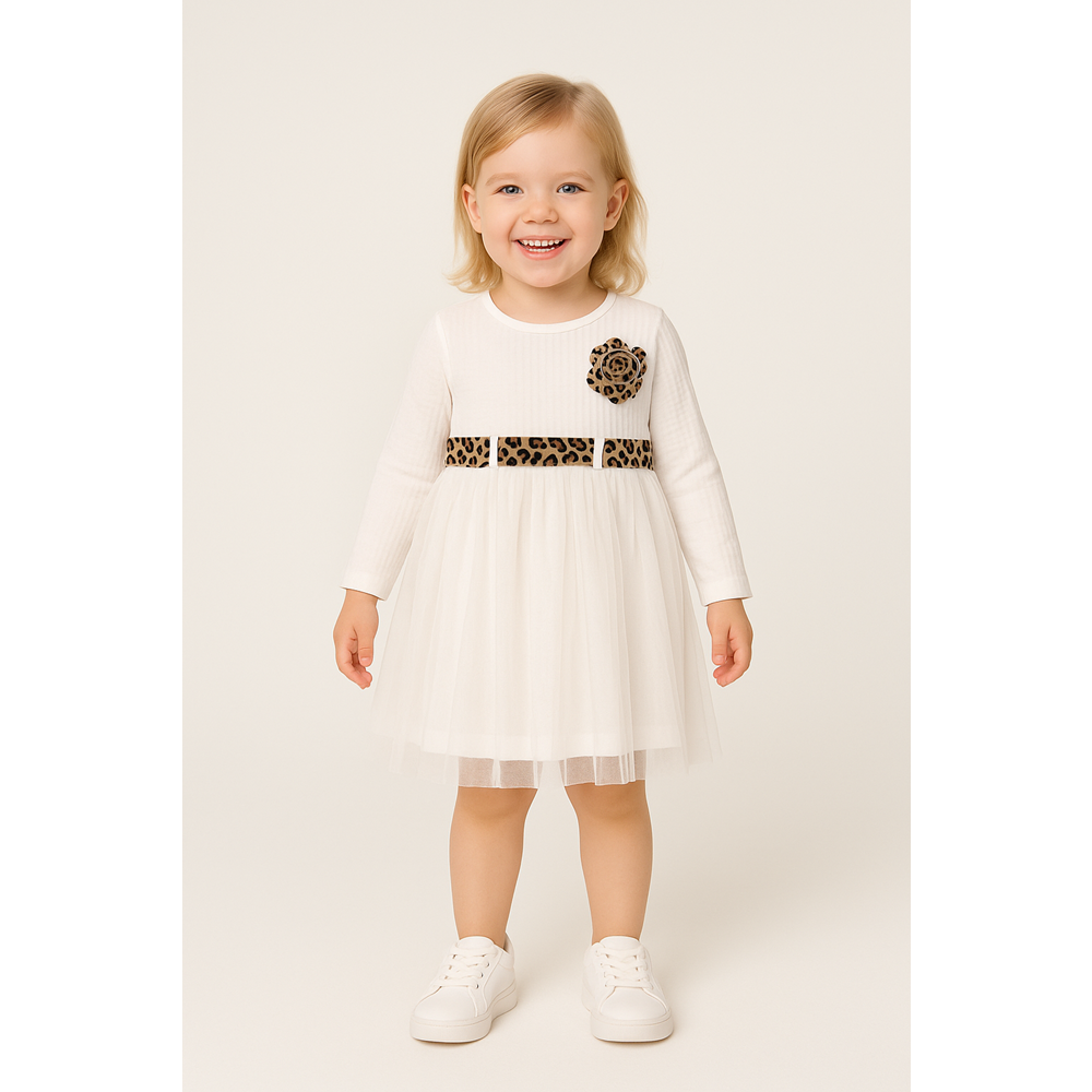 Kız Çocuk Elbise Leopar Kemerli - Krem - (98/122)